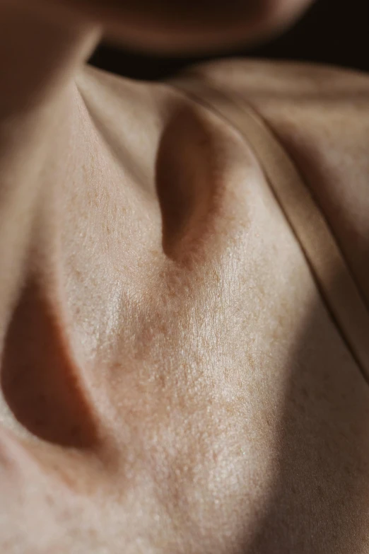 a close up of a person's face and neck, by Anna Füssli, stomach skin, her skin is light brown, flowing fabric, visible pores