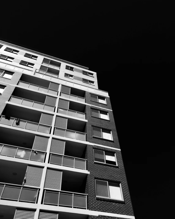 a black and white photo of a tall building, a black and white photo, unsplash, apartment with black walls, vibrant colour, square, black