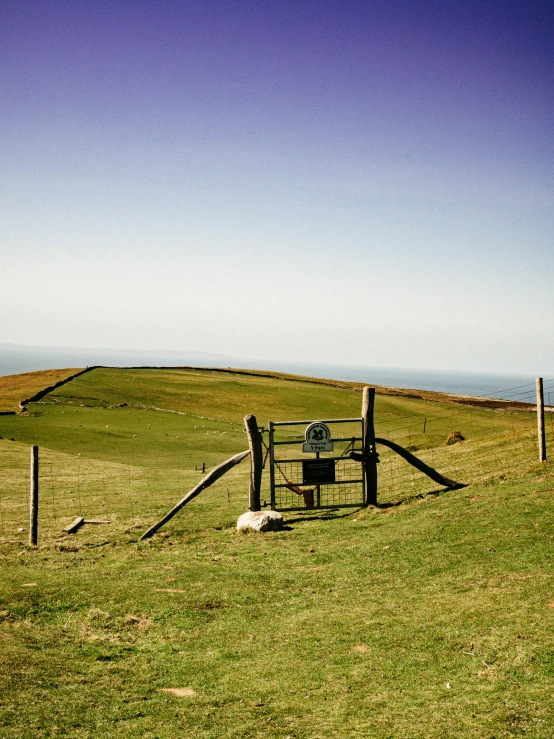 a herd of sheep standing on top of a lush green hillside, an album cover, by Peter Churcher, unsplash, land art, large gate, looking out over the sea, fencing, madgwick