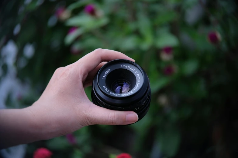 a person holding a camera lens in their hand, by Reuben Tam, pexels contest winner, next to a plant, 1 5 0 ml lens, smooth clean texture, 35mm of a very cute