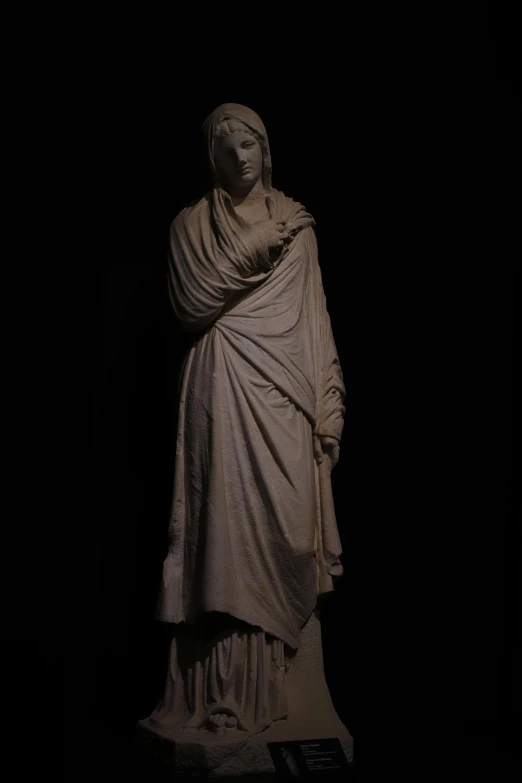 a statue of a woman with a shaw around her neck, shrouded in darkness, in a medium full shot, long flowing fabric, taken with a canon eos 5d