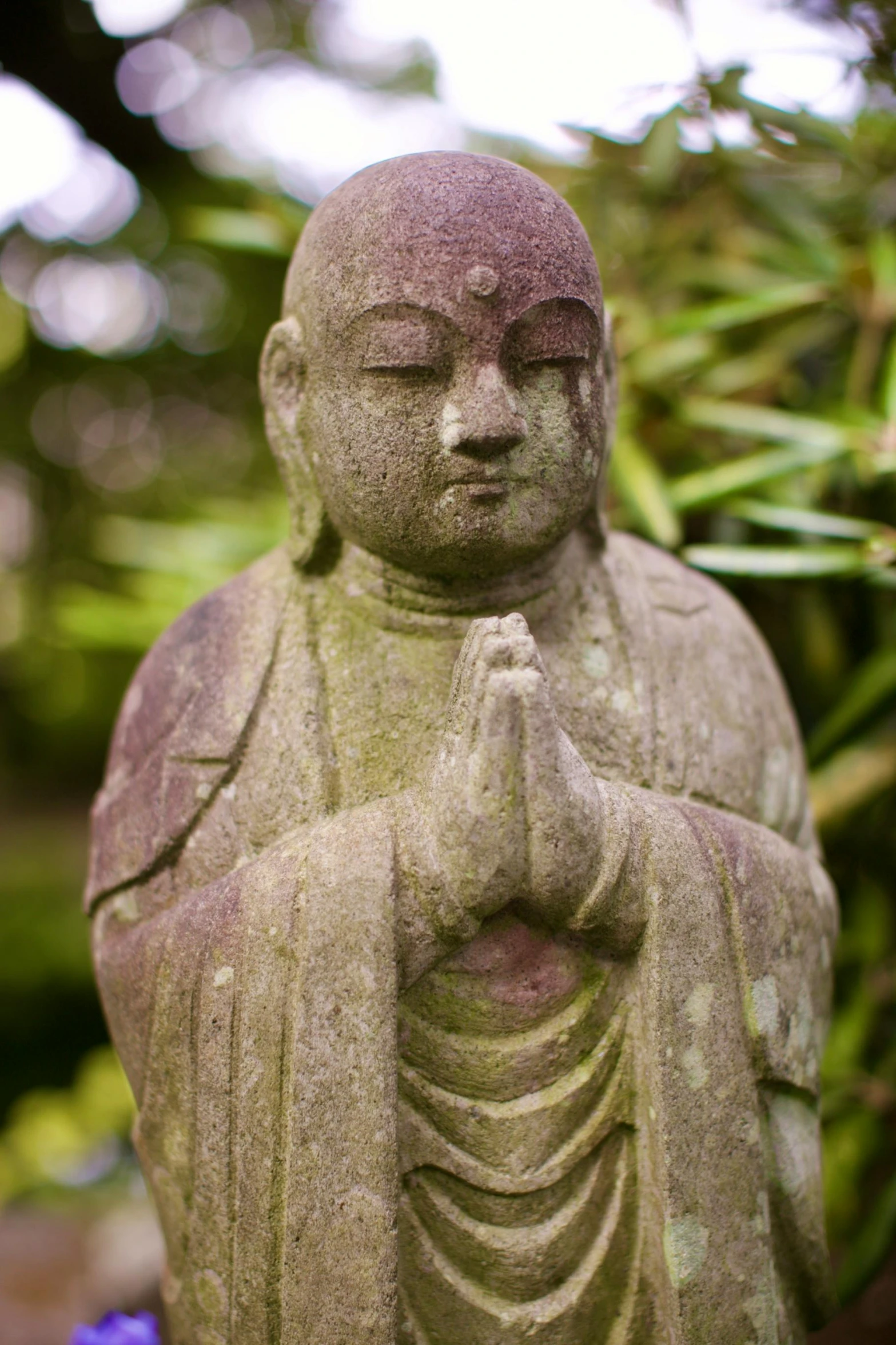 a statue of a buddha in a garden, prayer hands, jamie hewlet, looking towards camera, gentle