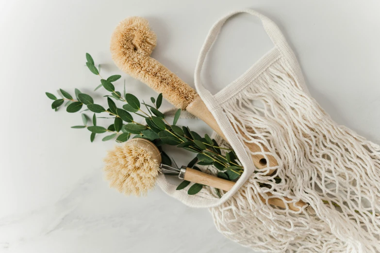 a mesh bag sitting on top of a table next to a bunch of flowers, unsplash, plasticien, washy brush, white background, made of spaghetti, white sweeping arches