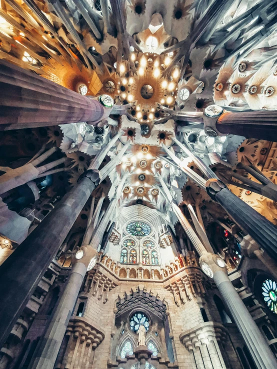 the ceiling of the sagrad cathedral in barcelona, spain, inspired by Gaudi, unsplash contest winner, large pillars, 8k resolution”, artwork”