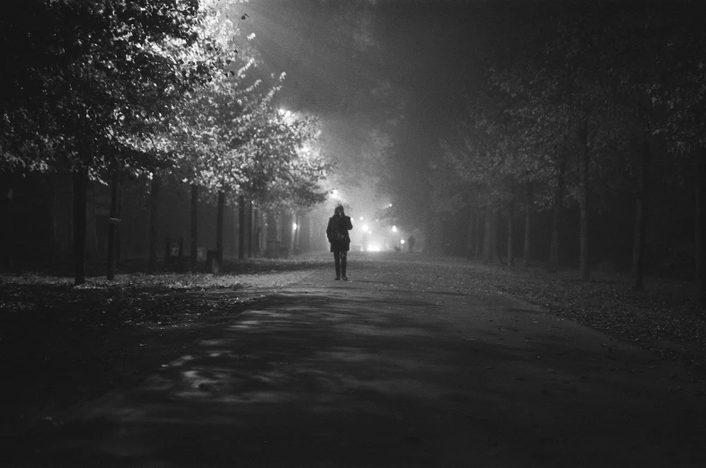 a person walking down a street at night, by Kees Scherer, city park, autumn season, shrouded figure, unreleased