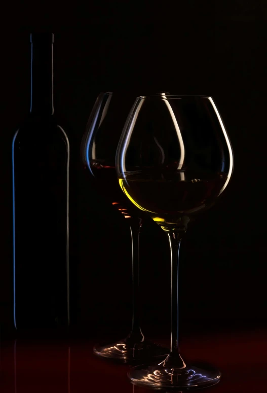 two wine glasses and a bottle on a table, by Giuseppe Avanzi, shadowy and dark, promo image, low - angle shot, brown