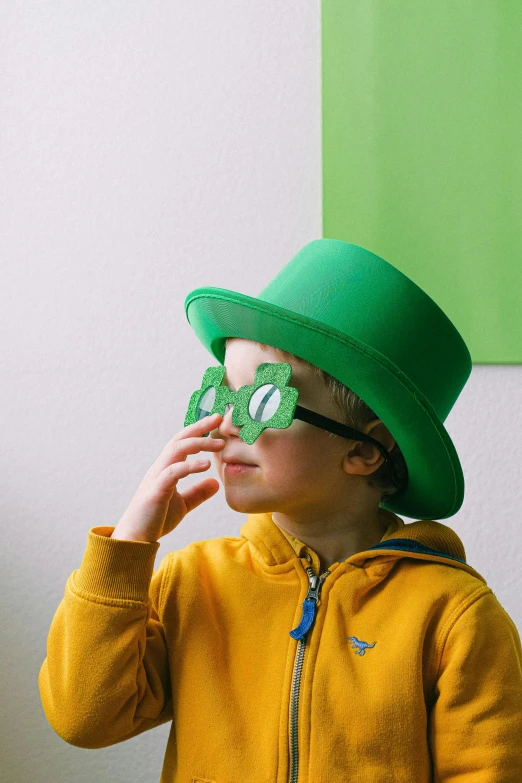 a young boy wearing a green hat and glasses, pexels, paper cutouts of plain colors, clover, felt, special