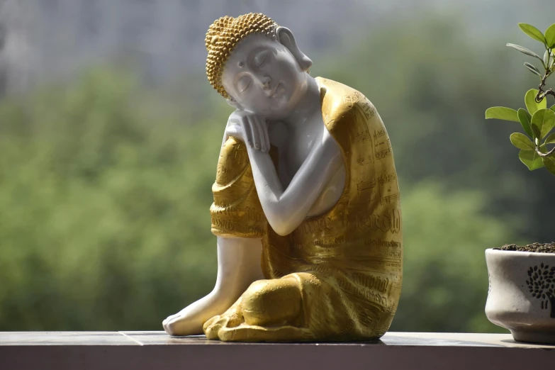 a buddha statue sitting next to a potted plant, yellow, city views, thoughtful pose, gold plated
