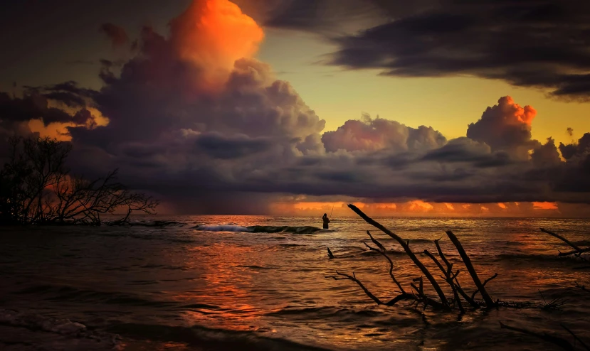 a person on a surfboard in the ocean at sunset, by Greg Rutkowski, pexels contest winner, romanticism, glowing ominous clouds, fishing, deep colours. ”