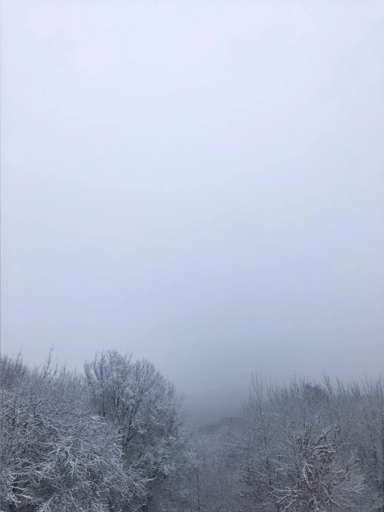 a man riding a snowboard down a snow covered slope, an album cover, unsplash, romanticism, observed from afar in the fog, low quality photo, trees outside, background image