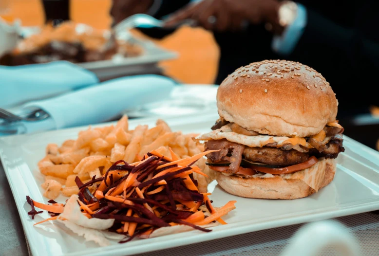 a close up of a plate of food on a table, pexels contest winner, operating on burgers, striped orange and teal, 🦩🪐🐞👩🏻🦳, restaurant menu photo