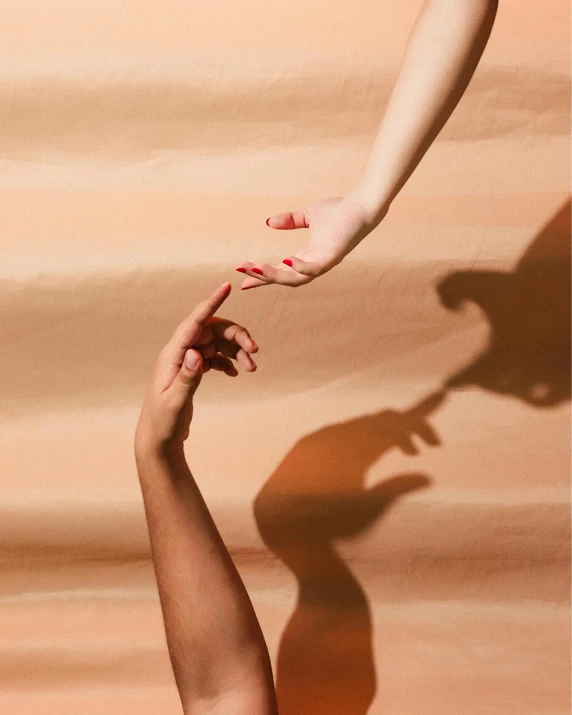 a woman reaching out to a man's hand, inspired by Ren Hang, trending on pexels, shadow gradient, tan complexion, lesbians, instagram story