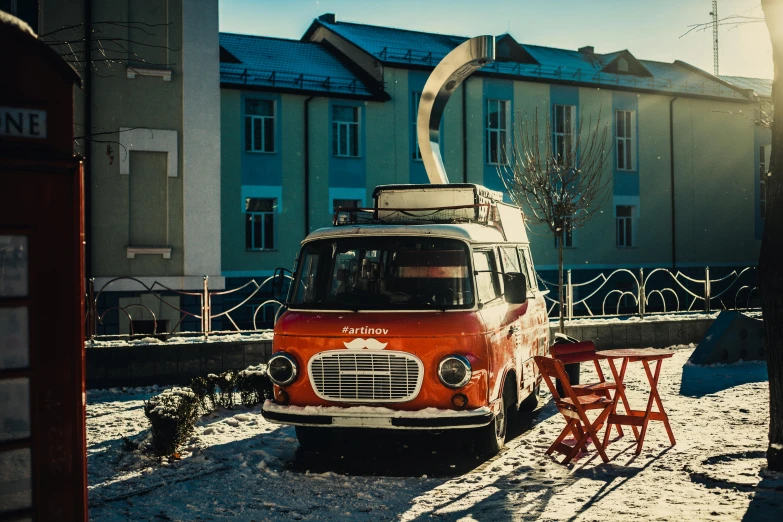 a van that is sitting in the snow, a portrait, by Filip Hodas, pexels contest winner, magical soviet town, perfect crisp sunlight, square, conde nast traveler photo