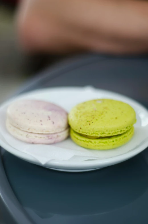 two macarons on a plate on a table, by Daniel Gelon, unsplash, purple and green, square, al fresco, with a long