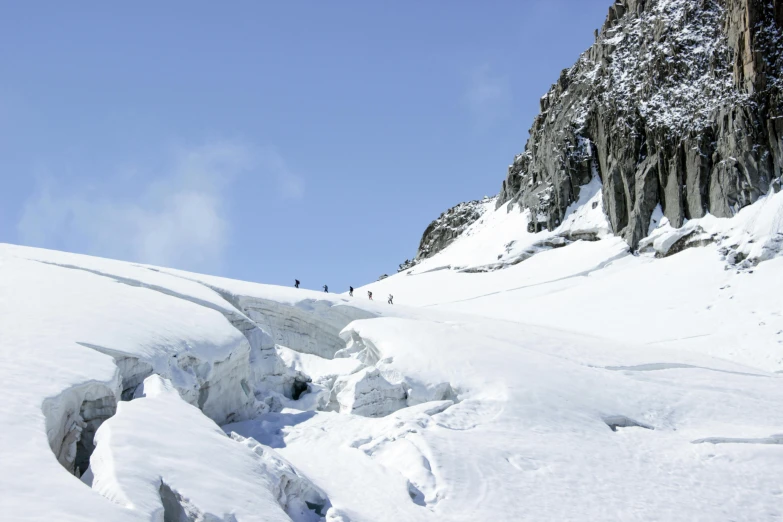 a group of people standing on top of a snow covered slope, icy glaciers, profile image