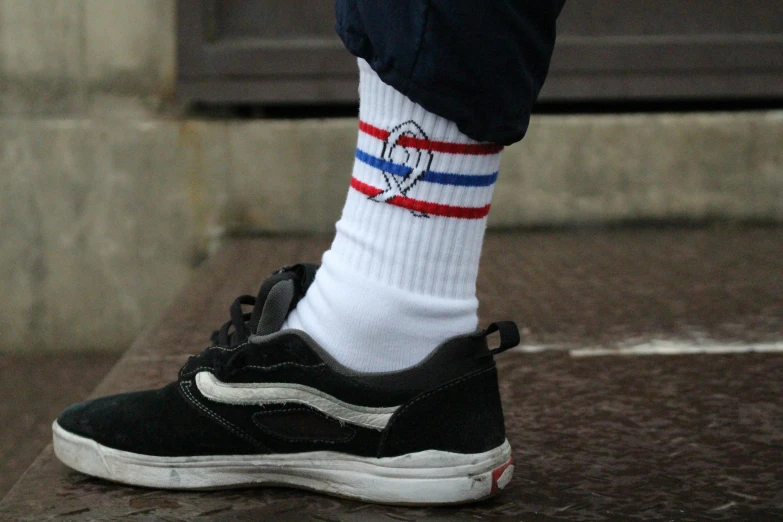 a close up of a person wearing a pair of sneakers, inspired by Jean Hélion, stuckism, striped socks, french kiss, trending on r/streetwear, clothes made out of veins
