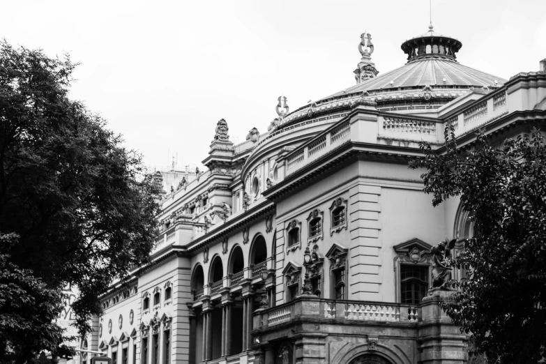 a black and white photo of a large building, by Zoltán Joó, pexels contest winner, neoclassicism, lviv, in sao paulo, decorated with opera motifs, city buildings on top of trees