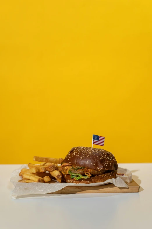 a hamburger and french fries on a table, unsplash, american realism, yellow, god bless america, made of food, brown