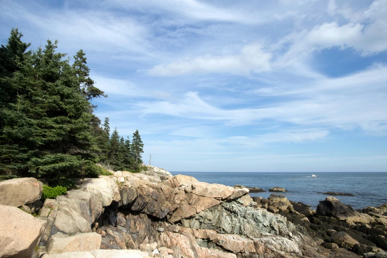 a group of rocks sitting on top of a rocky beach, the ocean, spruce trees, conde nast traveler photo, boston