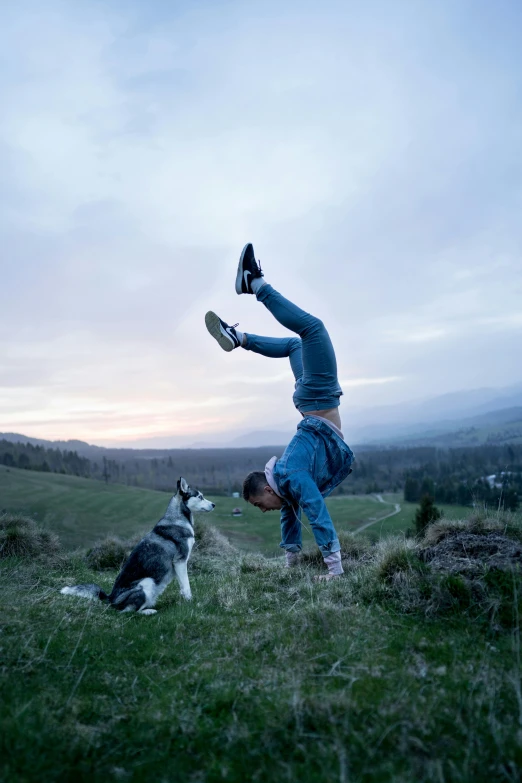 a person doing a handstand in a field with a dog, sitting cutely on a mountain, breakdancing, husky, late evening