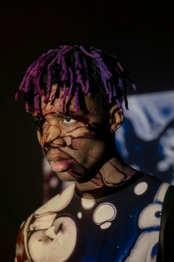 a close up of a person with purple hair, afrofuturism, black teenage boy, photograph taken in 2 0 2 0, splotch, ( ( theatrical ) )