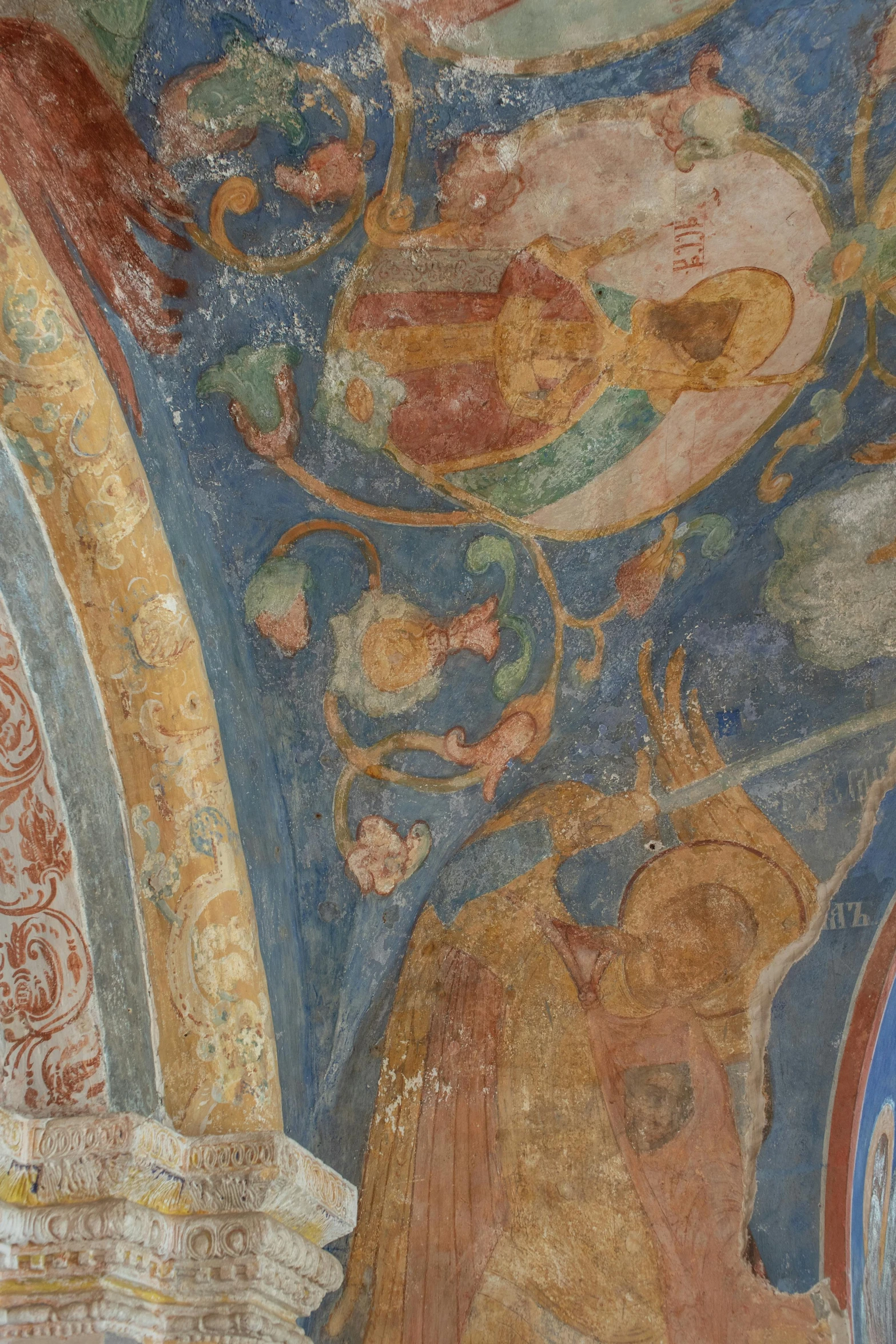 a painting on the ceiling of a building, inspired by Károly Markó the Elder, romanesque, muted blue and red tones, monastery, glorified image, ox