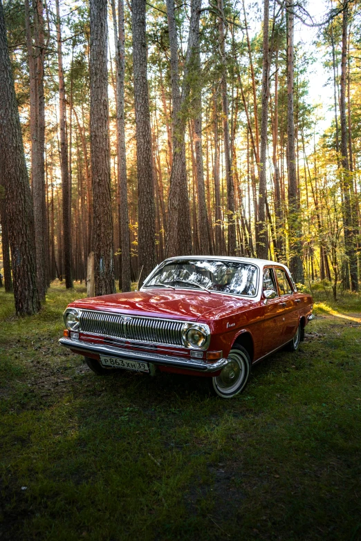 a red car parked in the middle of a forest, moskvich, profile image, evening lighting, extra wide