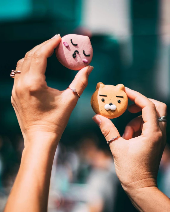 a person holding two donuts with faces on them, by Emma Andijewska, trending on pexels, tigers, square, tamagotchi, miniature bear