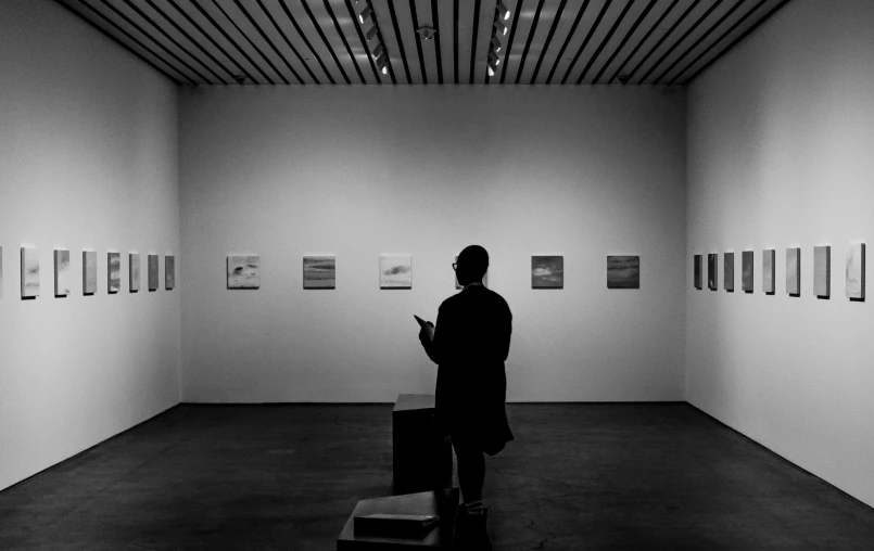 a person standing in front of a wall with pictures on it, a black and white photo, unsplash, visual art, in an art gallery], shot on iphone 1 3 pro max, minimalist painting, pondering