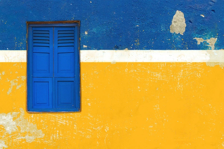 a yellow and blue building with a blue window, a minimalist painting, inspired by Steve McCurry, pexels contest winner, vietnam, colorful”, highly textured, fan favorite