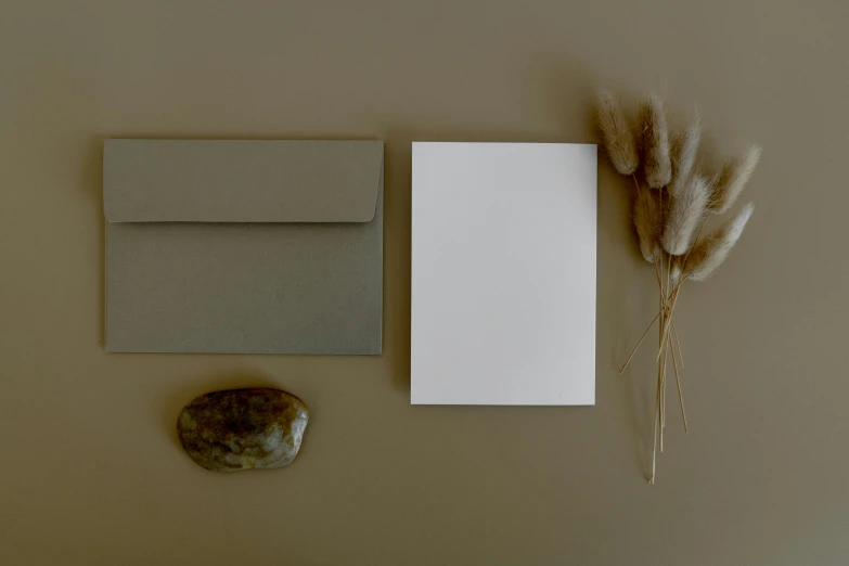 a piece of paper sitting on top of a table next to a rock, postminimalism, card template, taupe, without duplicate image