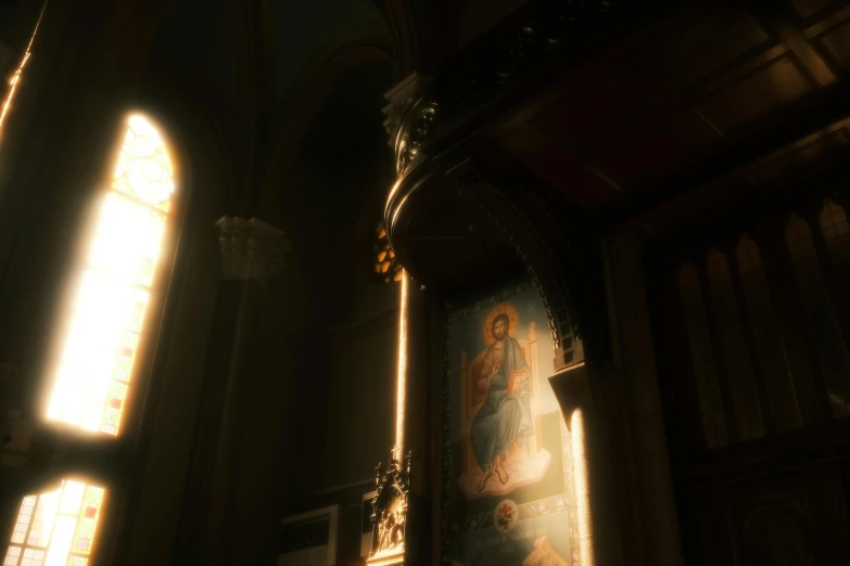 the sun shines through the windows of a church, featured on polycount, 8 k sensual lighting, iconostasis in the bar, holy iconography, soft lighting 8k