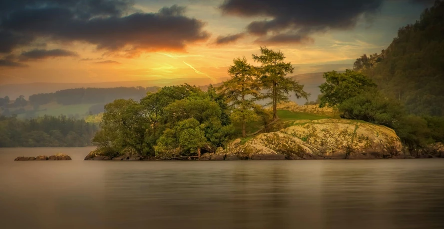 a small island in the middle of a lake, by Joseph Severn, pexels contest winner, romanticism, hill with trees, summer sunset, thomas eakes, scattered islands