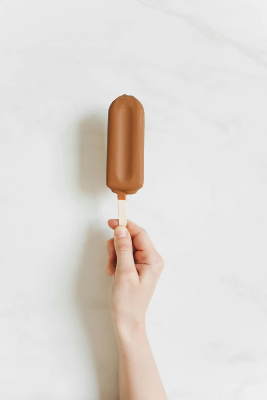 a person holding an ice cream on a stick, brown, textured base ; product photos, smooth matte, brown mist