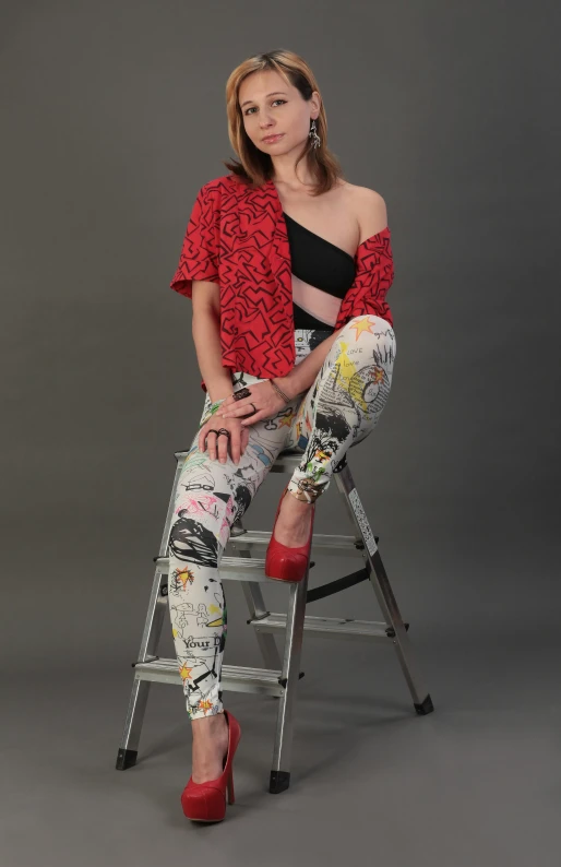 a woman sitting on top of a step ladder, a portrait, inspired by Bert Stern, trending on pexels, pop art, wearing pants and a t-shirt, industrialpunk papier - colle, a woman wearing red high heels, like a catalog photograph