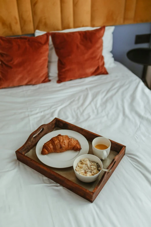 a tray of food sitting on top of a bed, by Raphaël Collin, trending on unsplash, square, orange robe, light beige pillows, french