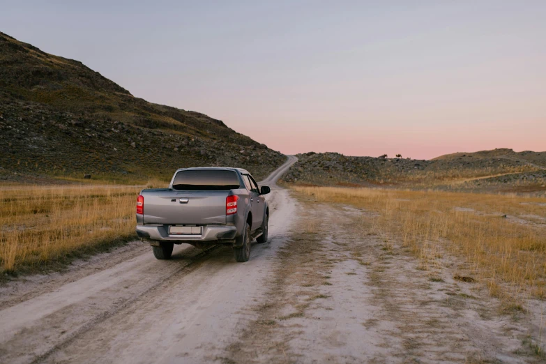 a pickup truck driving down a dirt road, by Daniel Seghers, unsplash contest winner, renaissance, inuit heritage, wide full body, grey, early evening