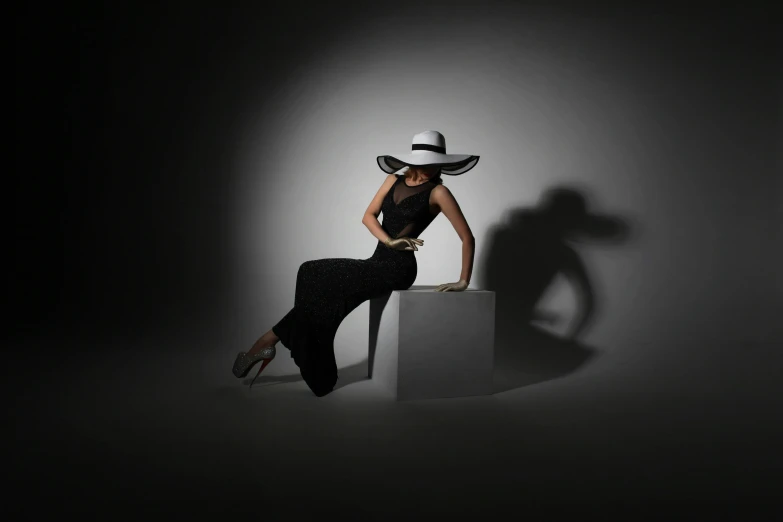 a woman sitting on top of a cube wearing a hat, inspired by Horst Antes, 7 0 mm dramatic lighting, wearing wide sunhat, elegant noir, in front of white back drop