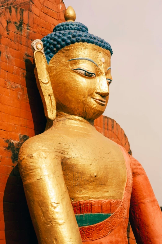 a close up of a statue of a person, nepali architecture buildings, red and gold, the buddha, blue