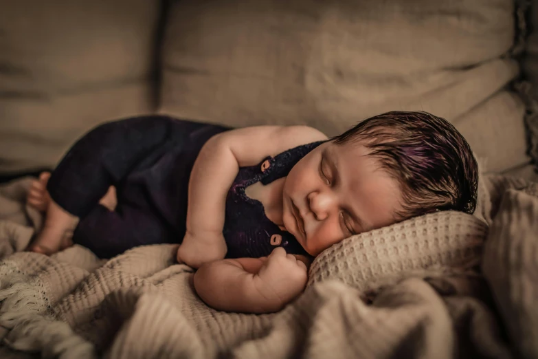 a baby sleeping on a blanket on a couch, by Winona Nelson, pexels contest winner, portrait soft low light, colourised, draped in purple, lightroom preset