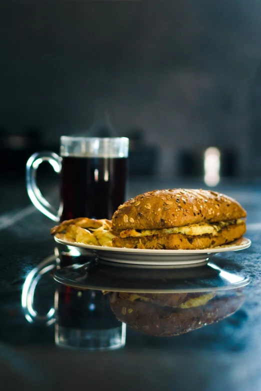 a sandwich sitting on top of a plate next to a cup of coffee, a portrait, by Edward Avedisian, unsplash, square, cinematic full shot, coke and chips on table, mustard