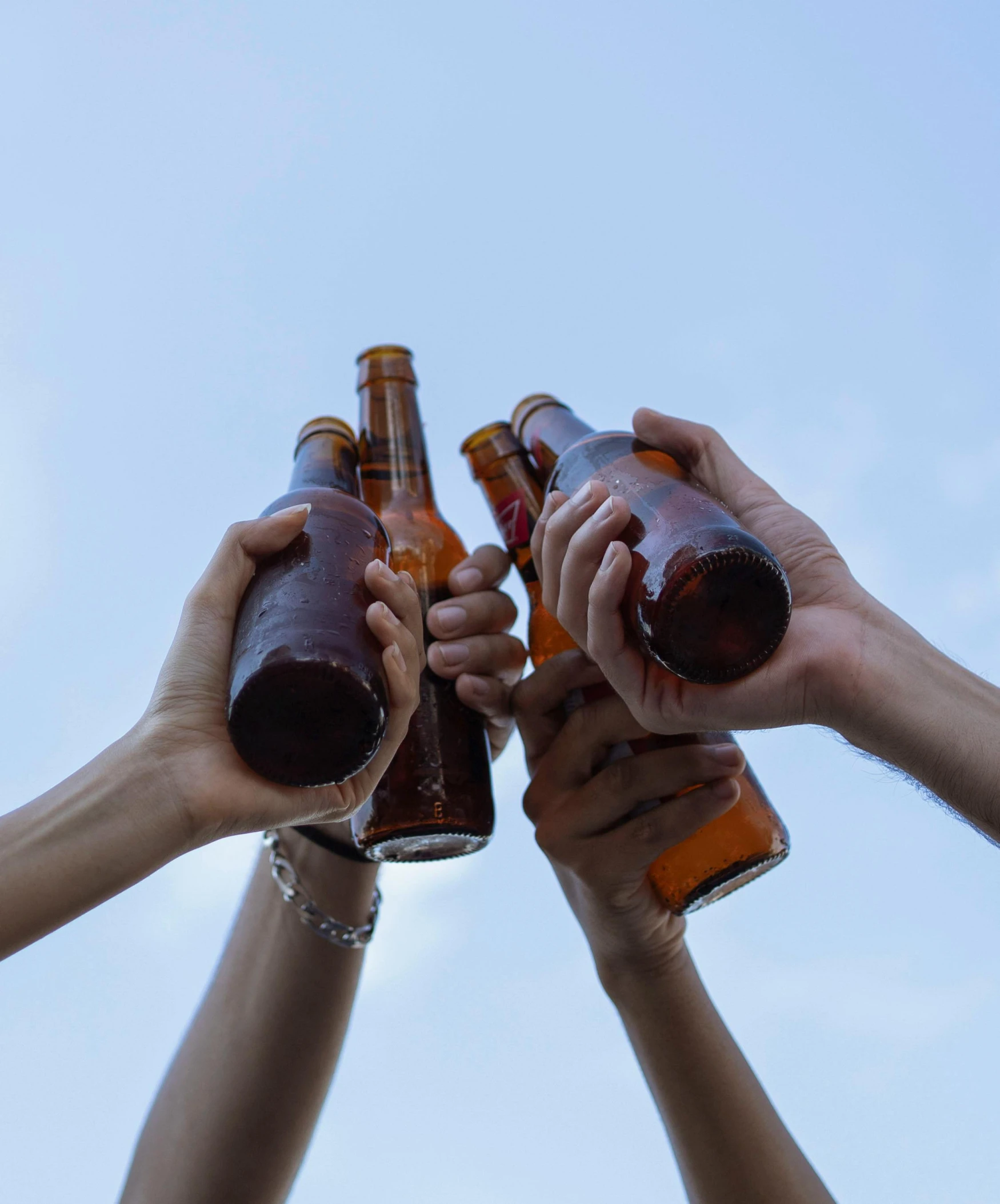 a group of people holding up beer bottles, by Carey Morris, pexels contest winner, clear blue skies, drinking cough syrup, plain background, 3/4 view from below