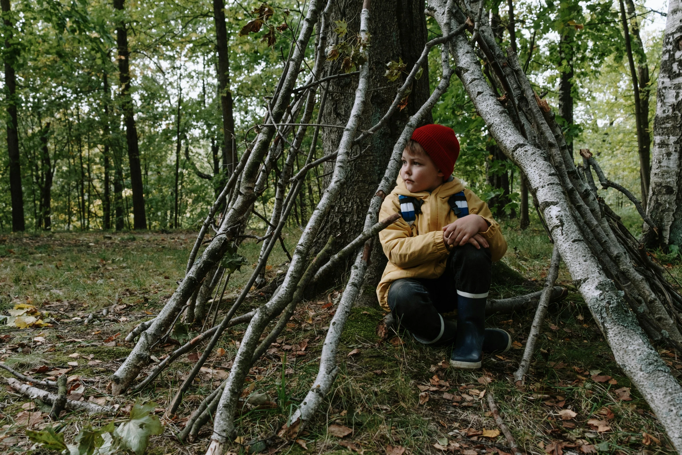 a little boy sitting in a teepee in the woods, inspired by Andy Goldsworthy, pexels, land art, roots and hay coat, thumbnail, autumn season, tiny person watching