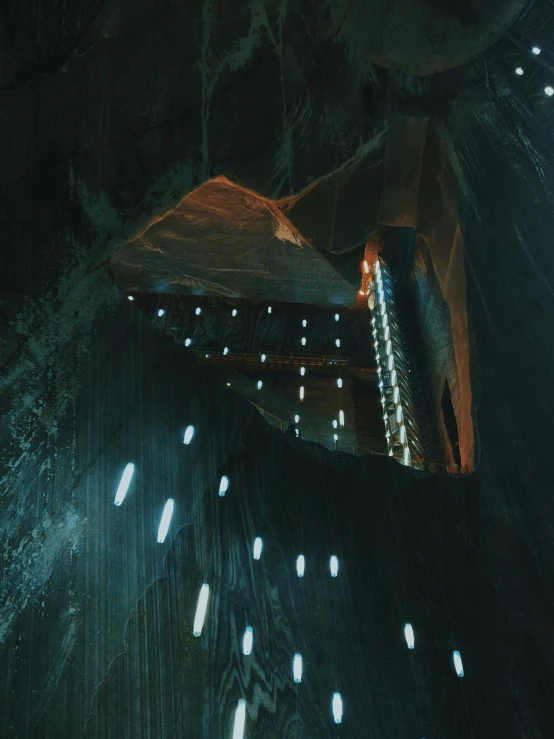 a close up of a building in a cave, inspired by Filip Hodas, unsplash contest winner, modernism, with crystals on the walls, promo image, concert photo, bottom view ， bladerunner