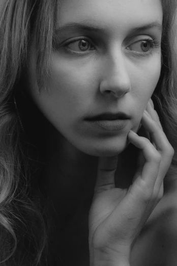 a black and white photo of a woman with long hair, inspired by irakli nadar, pexels contest winner, hyperrealism, zoe kazan, close-up portrait film still, thoughtful ), ((portrait))