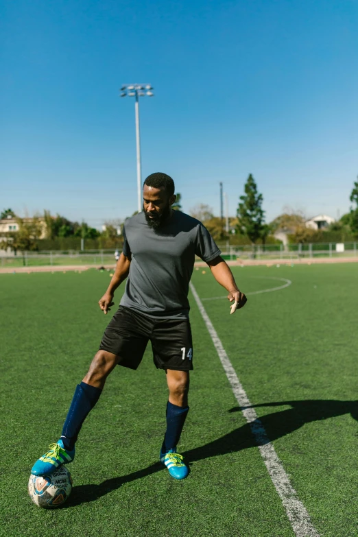 a man kicking a soccer ball on a field, fighting stance energy, jamal campbell, oceanside, medium-shot