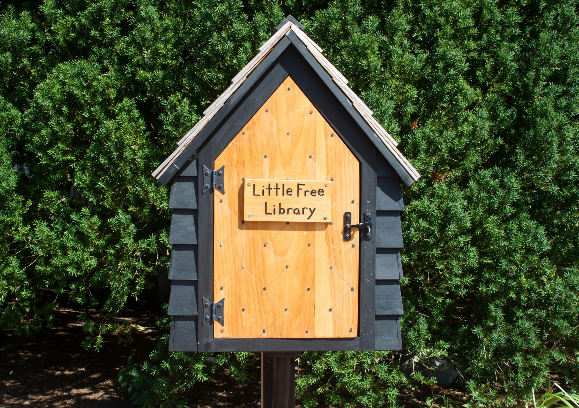 a little free library sign in front of a hedge, a portrait, pixabay, wooden buildings, 1 6 x 1 6, lalafell, grey