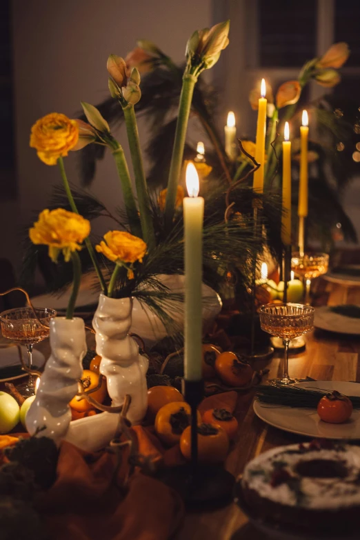a table that has a bunch of food on it, candlelit, profile image, botanicals, close angle