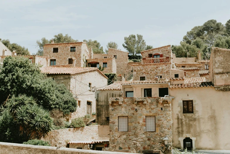 a group of buildings sitting on top of a hill, by Raphaël Collin, pexels contest winner, les nabis, french village exterior, built into trees and stone, in style of joel meyerowitz, exterior view