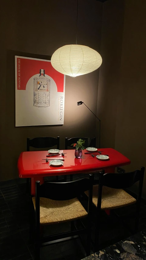 a dining room with a red table and chairs, by Hirosada II, tatami galaxy, lighting chiaroscuro, art station ”, wine